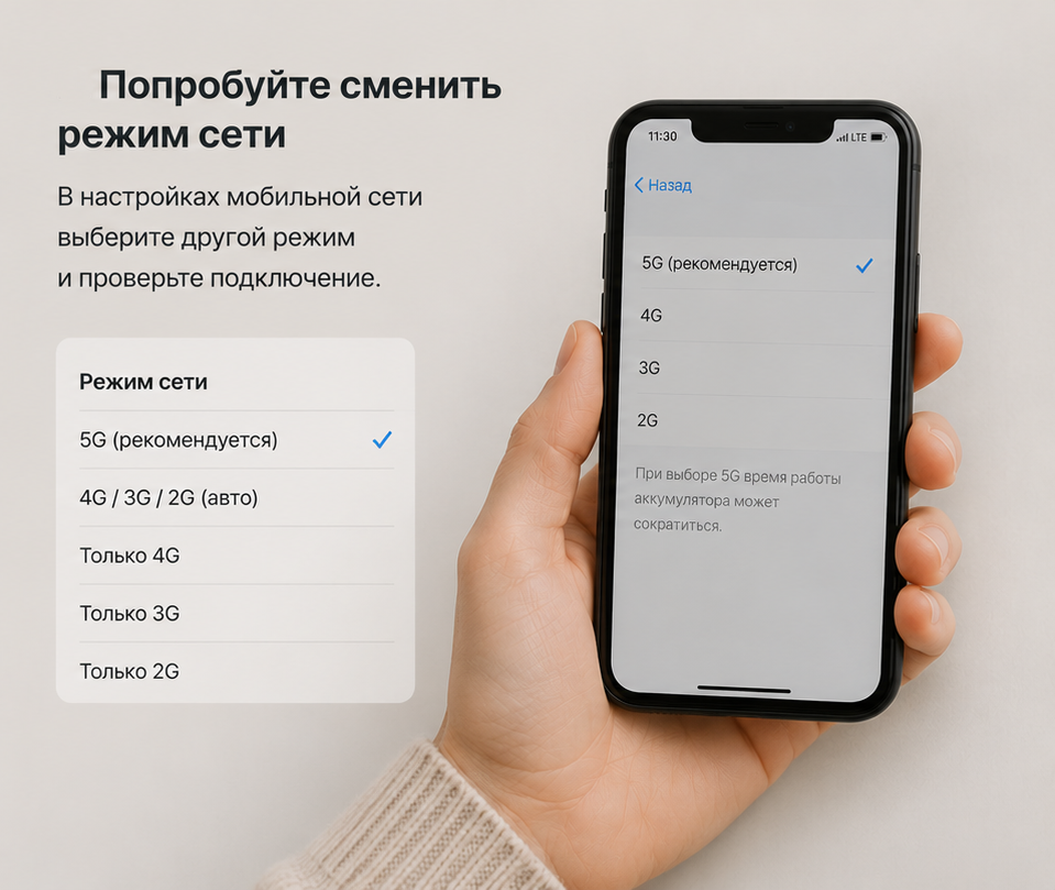 Попробовать сменить режим сети (2G/3G/4G/5G)